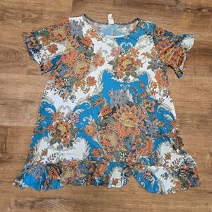 🇺🇸Vibrant Crepas Floral Women's Blouse - Blue and Orange Size Large